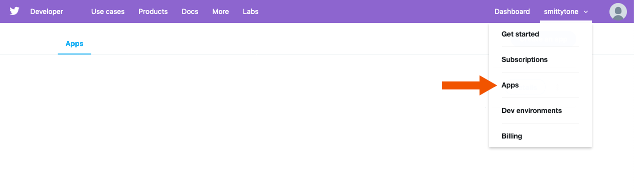 Select the Apps view in the Twitter Developer site